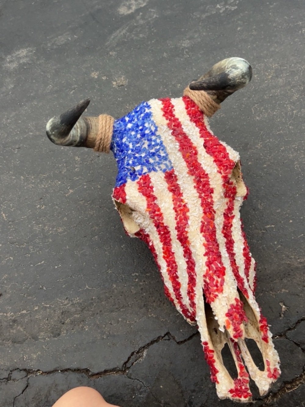 Handmade Patriotic American Flag Bull Skull Wall Decor - Red, White & Blue